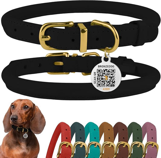 BronzeDog Rolled Leather Dog Collar with QR ID Tag, Adjustable Soft Round Collars for Small Medium Large Dogs Puppy (16" - 19" Neck Size, Black Night)