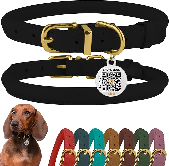 BronzeDog Rolled Leather Dog Collar with QR ID Tag, Adjustable Soft Round Collars for Small Medium Large Dogs Puppy (11" - 14 1/2" Neck Size, Black Night)