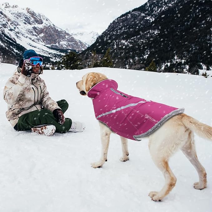 VIVAGLORY Snowrap Dog Coat, Jacket with Harness Hole & Velcro Closure, Dog Coat for Winter & Cold Weather, Fluffy Warm Fleece Lined Reflective Water Resistant for Puppy, XL, Fuchsia