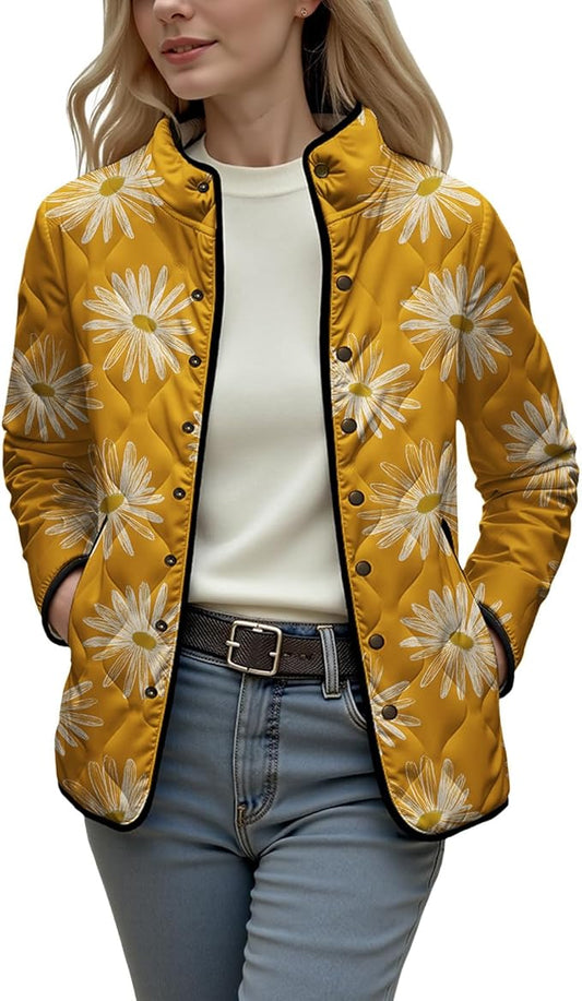 LIZALIG Women's Cropped Puffer Jacket Lightweight Floral Print Long Sleeve Padded Quilted Puffy Cardigan Coat