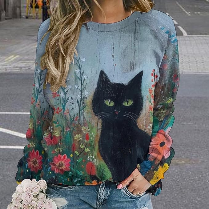 Long Sleeve Shirts for Women Cat Oil Painting Shirt 3D Graphic Sweatshirts Fall Pullover Crewneck Vintage Boho Tops