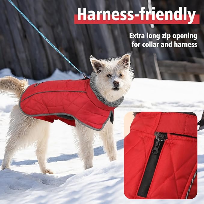 Fragralley Dog Coat Large, Waterproof Dog Jacket with Warm Fleece Lining, Adjustable Reflective Dogs Winter Coat, Turtleneck Pet Coats for Cold Weather (Red,L)