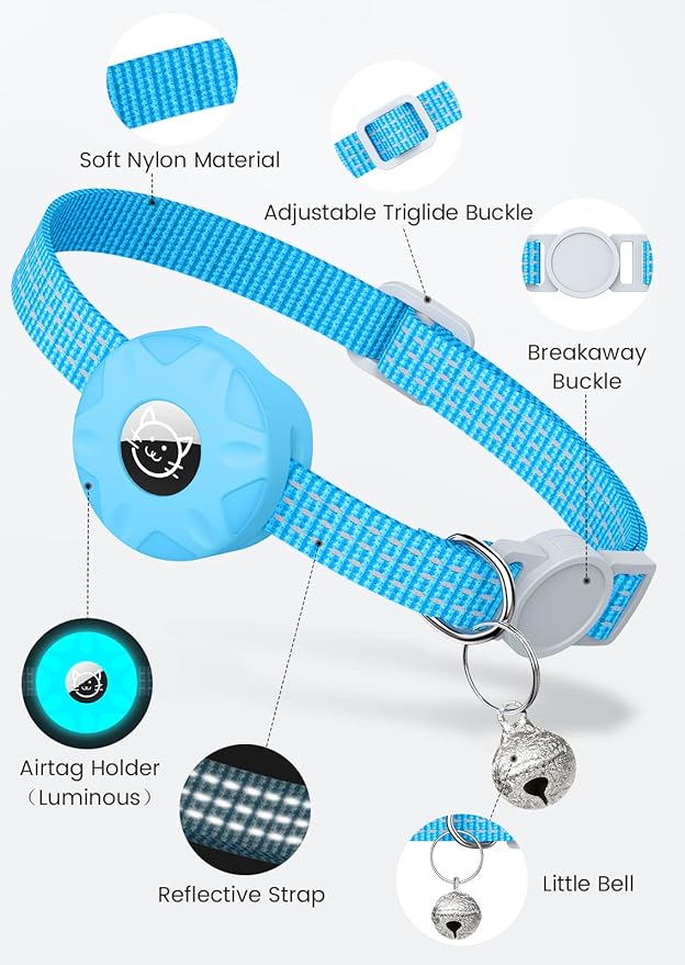 AirTag Cat Collar, Reflective Kitten Collar Breakaway Apple Air Tag Cat Collar, GPS Cat Collar with AirTag Holder and Bell, Lightweight Tracker Cat Collars for Girl Boy Cats Puppies (Luminous Blue)