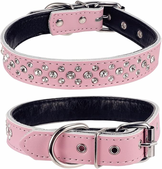 Rhinestones Dog Collar, Adjustable Sparkly Crystal Studded Genuine Leather Pet Dog Collar for Small and Medium Dogs (S, Pink)