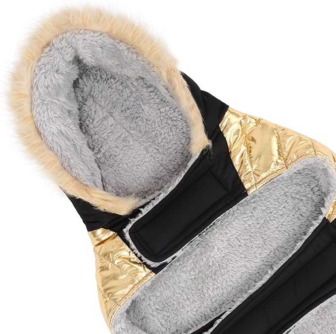 HDE Dog Puffer Jacket Fleece Lined Warm Dog Parka Winter Coat with Harness Hole 90s Black and Gold Metallic - XXL
