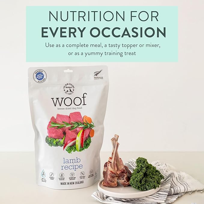 The New Zealand Natural Pet Food Co WOOF Freeze Dried Dog Food - Lamb Recipe, High Protein Dog Training Treats & Meals, Dog Food Topper, 2.2 lb