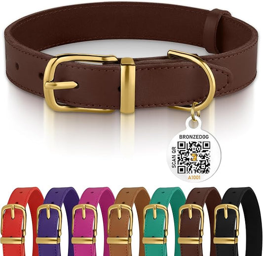 BRONZEDOG Leather Dog Collar with Metal Buckle Durable Basic Pet Collars for Small Medium Large Dogs (19-21 Inch (Pack of 1), Dark Brown & Gold Buckle)