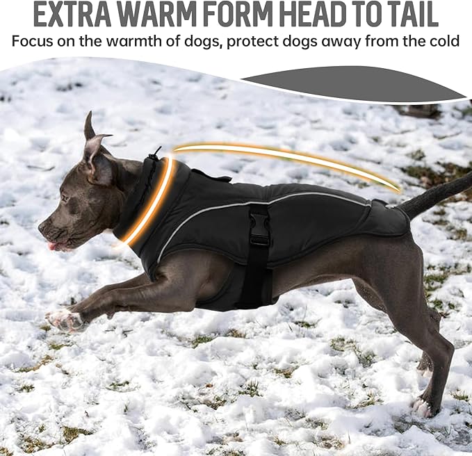 DENTRUN Large Dog Winter Coat - Windproof Reflective Warm Coat, Adjustable Neck & Snap Closure, Water Repellent Thick Fleece Vest, Fleece Lined for for Golden Retriever, Black, XL
