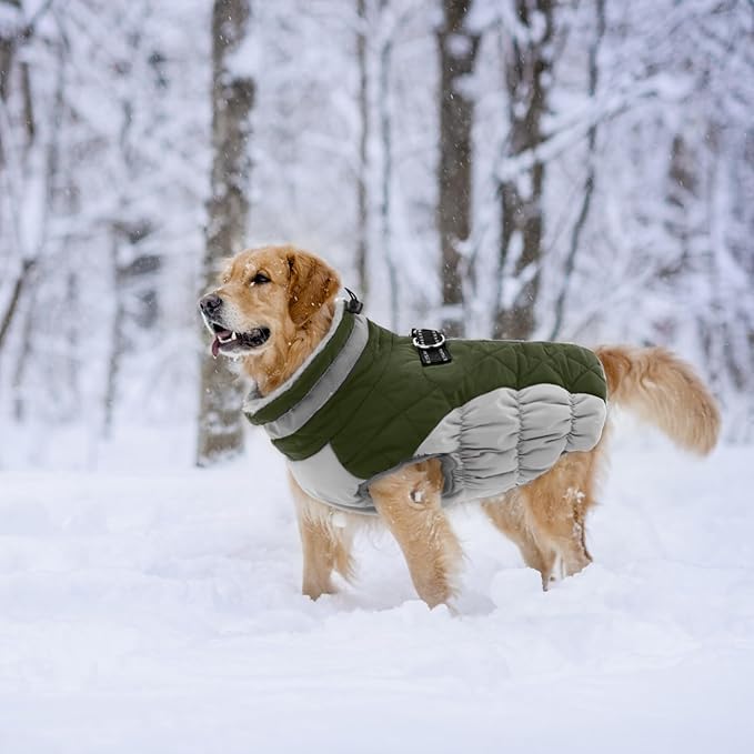 Lelepet Dog Coat Warm Dog Winter Coat Waterproof Dogs Jacket with Harness Built in Reflective Pet Fleece Vest Zip-Up Cold Weather Coats for Medium Dogs Turtleneck & Windproof Dachshund Army Green M