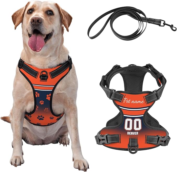 Custom Denver Dog Harness with Reflective Stripes Personalized Name and Number Dog Vest Harness with Pet Traction Rope for Small Medium Large Dog
