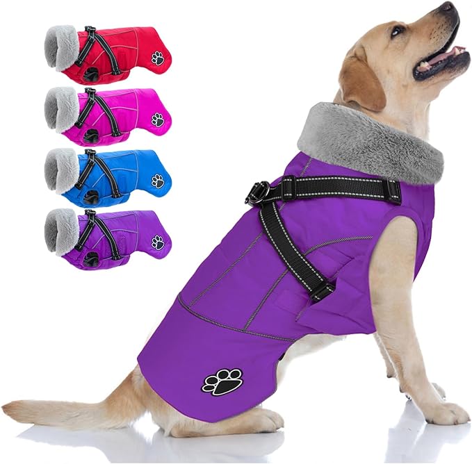 Doglay Dog Jacket Waterproof Dog Coat with Harness Built in, Christmas Puppy Winter Coat Reflective Turtleneck Puffer Snow Jackets for Small Medium Large Dogs