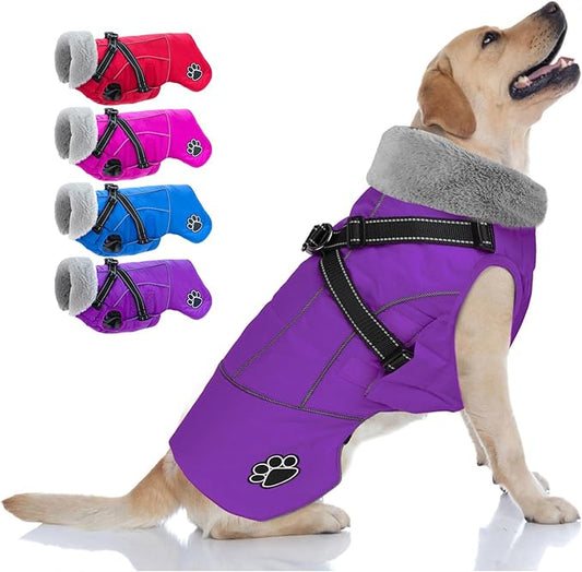 Doglay Dog Jacket Waterproof Dog Coat with Harness Built in, Christmas Puppy Winter Coat Reflective Turtleneck Puffer Snow Jackets for Small Medium Large Dogs