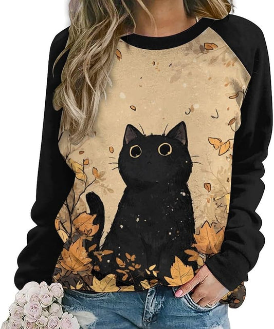Abstract Cute Cat Shirts for Women Long Sleeve Lady Crewneck Pullover Sweatshirt Fall Winter Oversized Tops