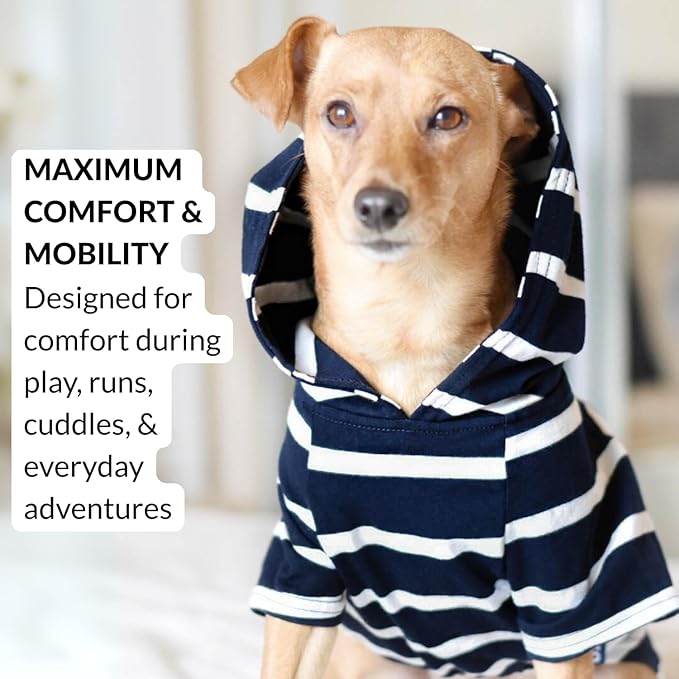 DJANGO Dog Hoodie – Warm, Lightweight, Soft & Stretchy Dog Sweater with Hood, Harness Hole & Elastic Waistband – Cozy Sweatshirt for Small Dogs up to 25 lbs, Dachshunds & Puppies – Navy Blue, Medium