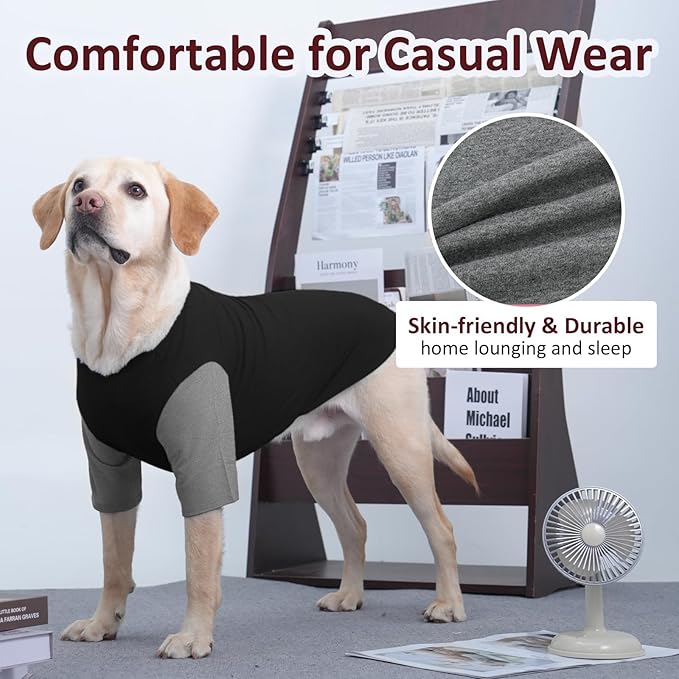 2 Pack Large Dog Shirts for Summer - Stretchy Breathable Cotton T-Shirt for Dogs, Protect Skin Easy On and Off Clothes for French Bulldog, Pug, Daily Wear, Park, Travel, Beach, GreyBlack