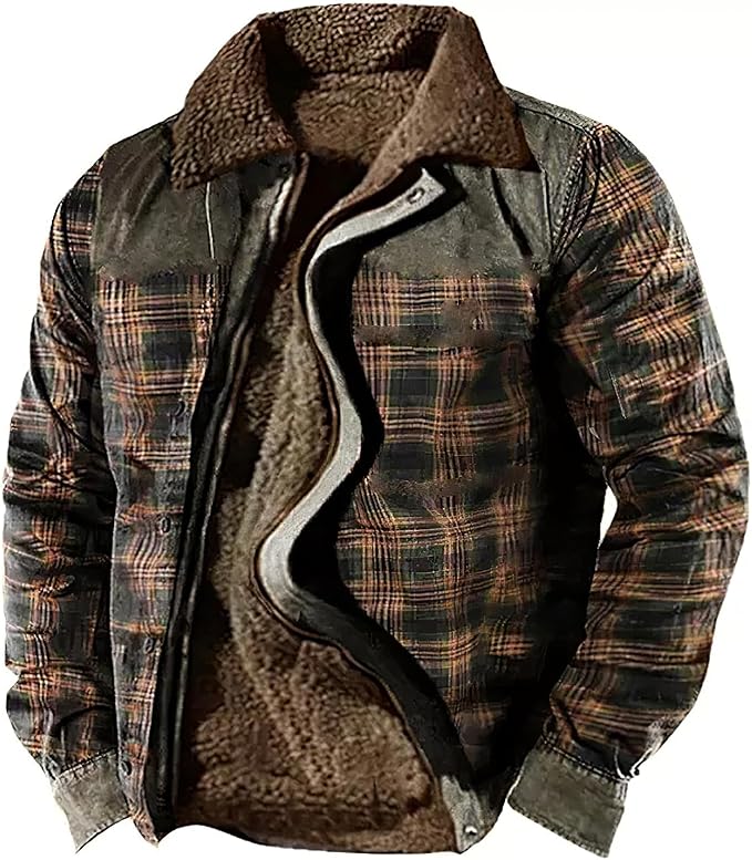 LOAIHA Men's Western Aztec Vintage Print Sherpa Fleece Lined Jackets Casual Zipper Winter Warm Jacket Coats