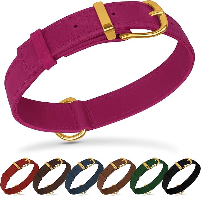 Leather Dog Collar - Heavy Duty Adjustable Soft Padded Pet Collars for Small Medium Large Dogs Breed - Black Green Brown Pink Red Blue (Pink, L, 15"-19" Neck Fit)