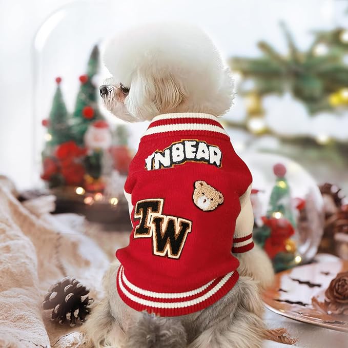 Small Dog Sweater Sweatshirt Cute Puppy Sweaters - Winter Red Warm Knitted Bear Design for Puppies (S)