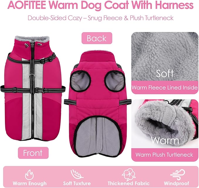 AOFITEE Dog Coat, Warm Dog Jacket with Harness Built-in, Waterproof Medium Dogs Cold Weather Coat with Zipper, Reflective Fleece Lined Pet Snow Jackets for Pug, Jack Russell, Boston Terrier, HotPink M