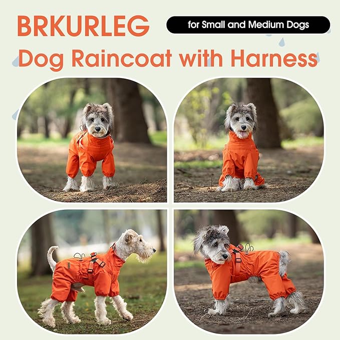 BRKURLEG Dog Raincoat for Small Dogs, Small Dog Rain Jacket with Harness Built in, Waterproof 4 Legs Pet Raincoats, Puppy Outdoor Jacket with Reflective Strip, Orange, L