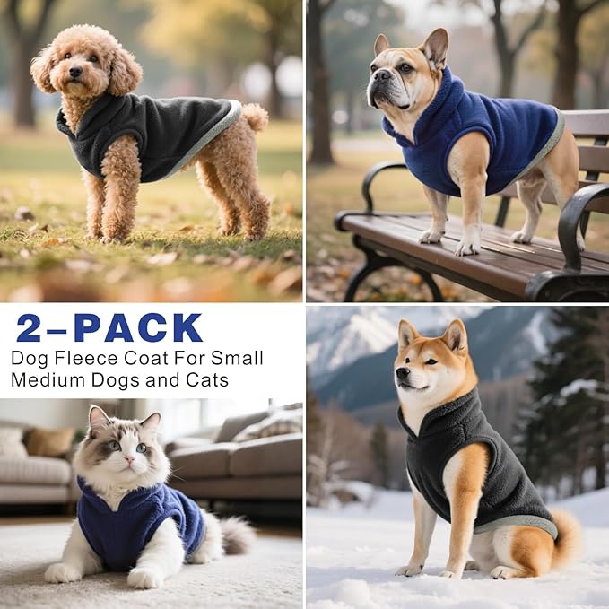 Idepet 2 Pack Dog Fleece Vest Sweater Warm Pullover Jacket with D-Ring Leash Reflective Winter Coat Hoodie for French Bulldog Pug Chihuahuas Yorkies Dachshunds(Black&Blue,X-Large-French Bulldog)