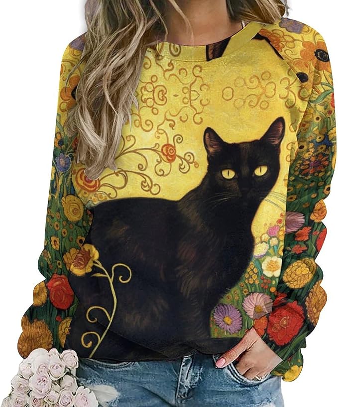 Long Sleeve Shirts for Women Cat Oil Painting Shirt 3D Graphic Sweatshirts Fall Pullover Crewneck Vintage Boho Tops