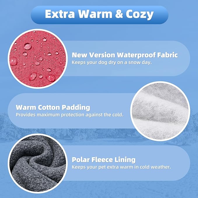 SlowTon Winter Dog Coat, Warm Polar Fleece Lining Doggie Outdoor Jacket with Turtleneck Scarf Reflective Stripe Adjustable Waterproof Windproof Puppy Vest Soft Pet Outfits (M+,Red)