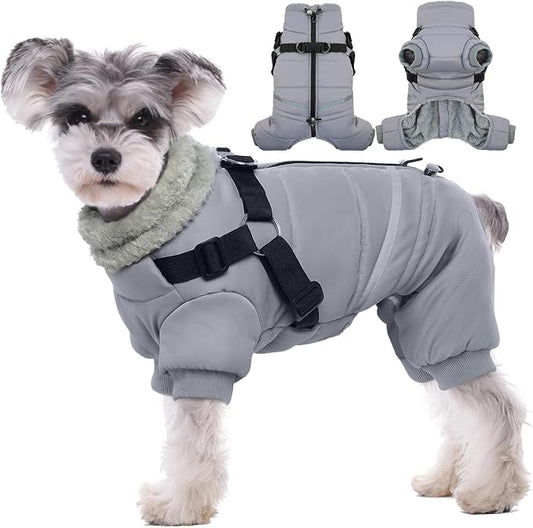 BRKURLEG Grey Dog Winter Coat, Cozy Winter Dog Jackets, Small Medium Dogs Coat with Harness, Onesie Body Warm Puppy Christmas Jacket, Pet Cold Weather Jackets, Puppy Four-Legged Puffer Coats, XXL