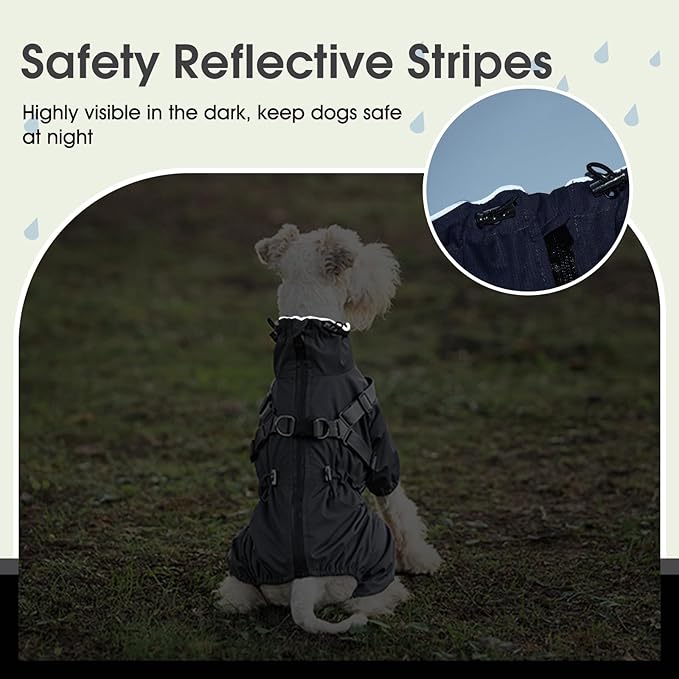 BRKURLEG Dog Raincoat with Harness for Small Dogs, Adjustable Waterproof Dog Rain Jacket, Reflective Rainproof Puppy 4 Legs Raincoat, Full Body Pet Rain Jacket, Dark Grey, XXL
