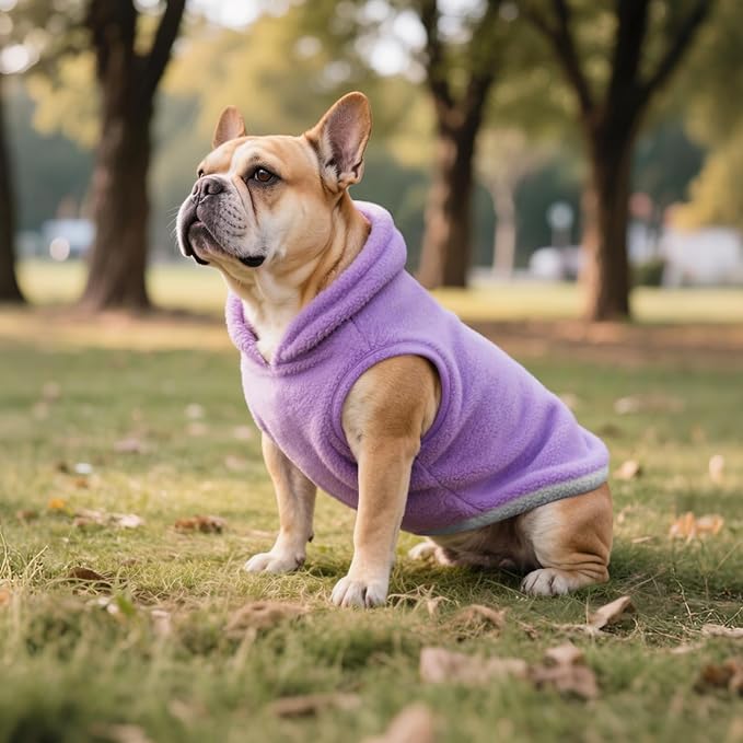 Idepet 2 Pack Dog Fleece Vest Sweater Warm Pullover Jacket with D-Ring Leash Reflective Winter Coat Hoodie for French Bulldog Pug Chihuahuas Yorkies Dachshunds(Purple&Pink,X-Large-French Bulldog)