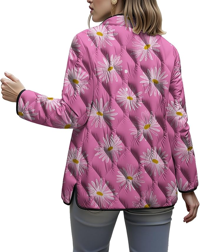 LIZALIG Women's Cropped Puffer Jacket Lightweight Floral Print Long Sleeve Padded Quilted Puffy Cardigan Coat