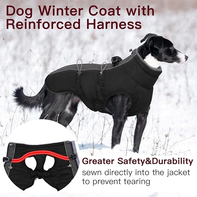Dog Winter Jacket - 3X Large, Warm Zip Up Snowsuit Dog Harness Vest, Reflective, Water-Resistant, Black