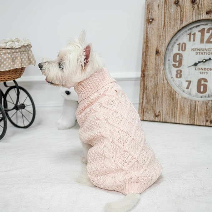 Mihachi Turtleneck Dog Sweater - Winter Coat Apparel Classic Cable Knit Clothes with Leash Hole for Cold Weather, Ideal Gift for Pet in New Year Rosy Small