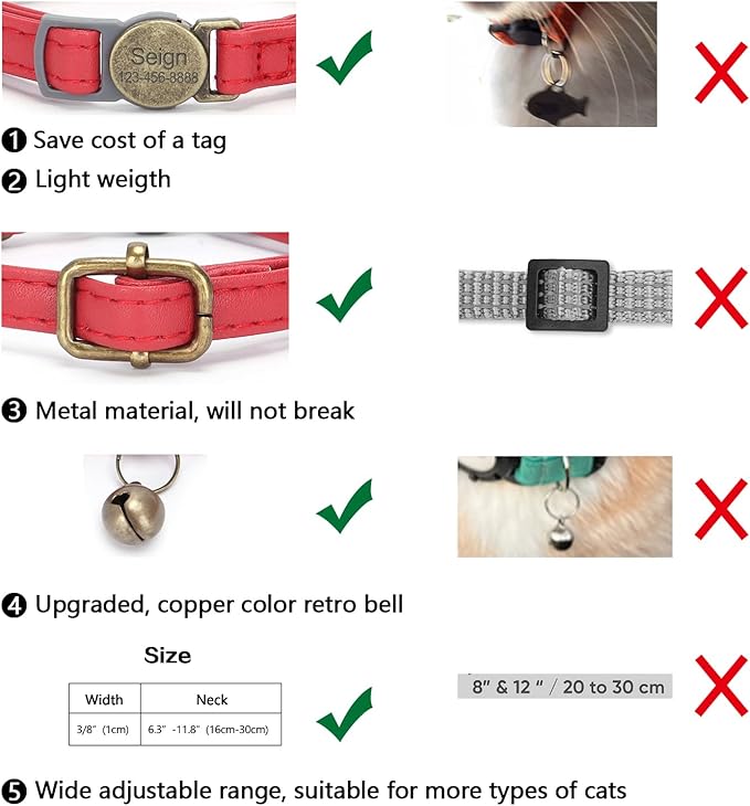 Cat Collar Breakaway, Personalized Leather Cat Collar with Bells - Adjustable Customized Collar with Name & Phone Number Tag for Girl Boy Cats - Quick Release Buckle for Cats & Kittens(Red)