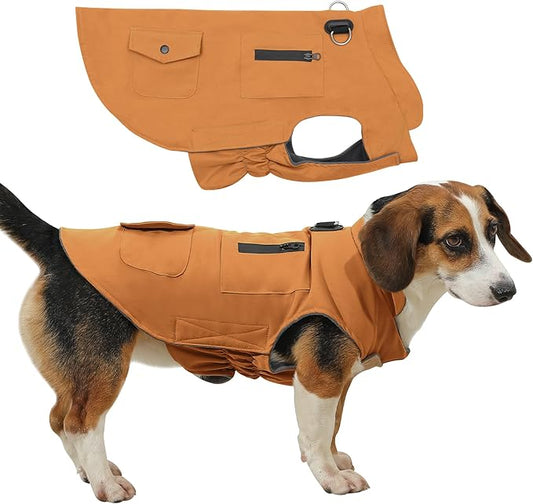 Workwear Style Dog Coats with Harness Built in for Small Dogs Windproof Warm Puppy Jacket with Storage Pockets for Cold Winter,BrightBeige XXXL