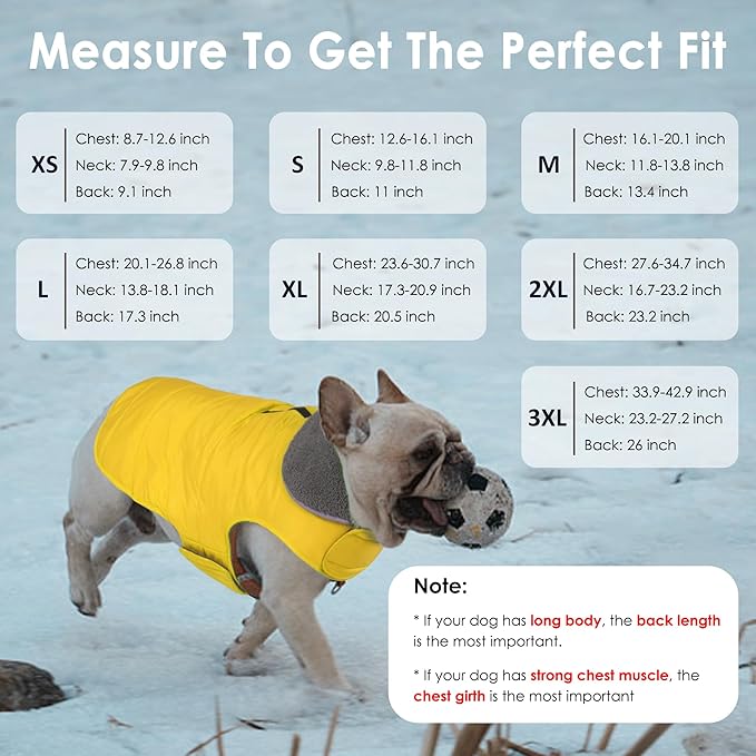 Dog Winter Coat, Waterproof Dog Jacket with Leash Hole, Reflective Adjustable Pet Snow Vest, Warm Fleece Sweater for Small Medium Large Dogs - Yellow, L