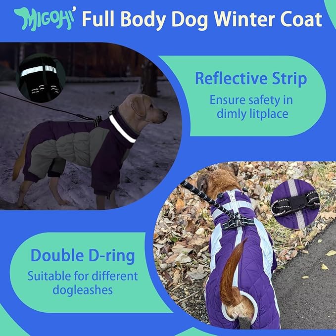 MIGOHI Full Body Dog Coat - Warm Reflective Large Dog Winter Coat with Harness,Turtleneck Fleece Jacket for Dogs,Four-Leg Windproof Puffer Jackets Snowsuit with Zipper for Small Medium Large Dogs,2XL