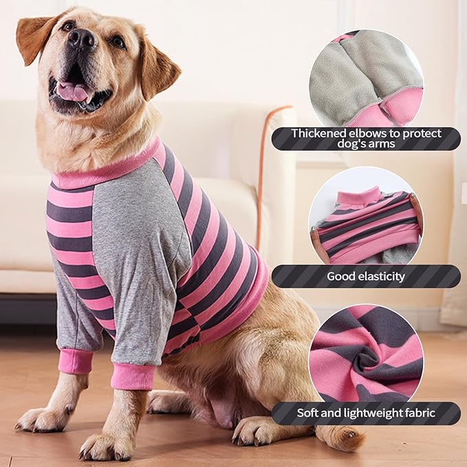 FUAMEY Dog Recovery Sleeve with Elbow Protector,Dogs Shirt Stop Licking Joints,Pet Long Sleeve Suit Protecting Dog's Front Leg Arm Wounds Cover Skin Conditions Pink Stripes 2XL