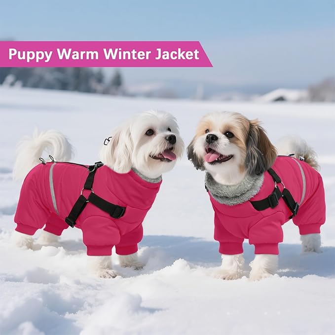 BRKURLEG Dog Winter Coat with Harness Built in, Winter Dog Jacket for Small and Medium Dogs, Small Dogs Snowsuit Reflective Windproof Cold Weather Coat, Puppy Warm Fleece Coats, Hot Pink, M