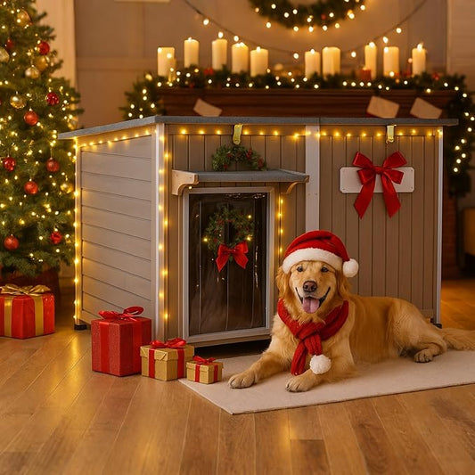 Large Dog House Outdoor Weatherproof XL Dog House Wooden with Adjustable Vent Window, Chew-Proof Iron Frame, Removable Floor, Easy Assembly for Medium to Large Dogs(55" L x 33" W x 35" H)