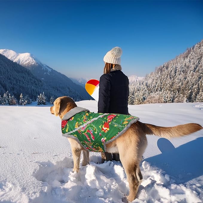 VIVAGLORY Snowrap Dog Coat, Jacket with Harness Hole & Velcro Closure, Dog Coat for Winter & Cold Weather, Fluffy Warm Fleece Lined Reflective Water Resistant for Puppy, XL, Northeast Florals-Green