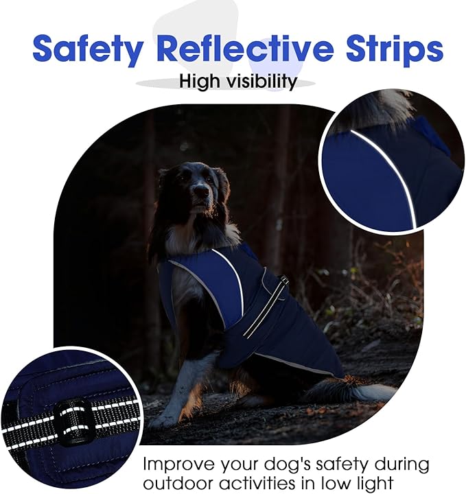 Nanaki Dog Coat Jacket for Large Dogs Winter Waterproof, Warm Fleece Lining Furry Collar Large Dog Jacket with Leash Hole, Reflective Cold Weather Pet Jacket Outdoor Walking Hunting,Easy On Blue 3XL