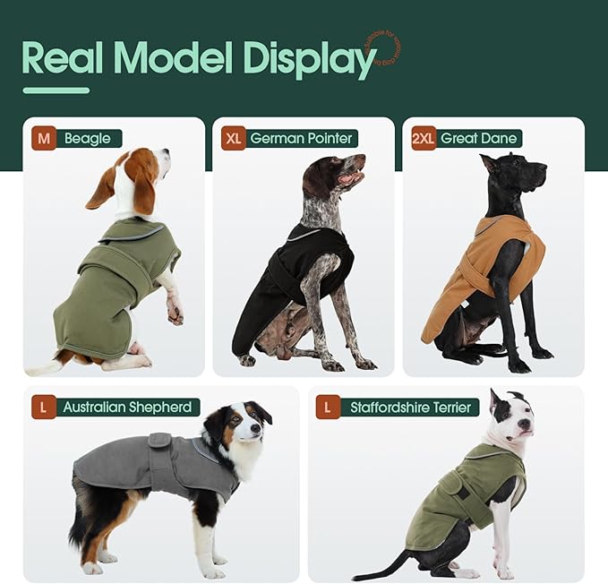 Kuoser Canvas Dog Coat, Warm Dog Jacket Reflective Fleece Pet Cold Weather Coat, Warm Doggie Clothes Waterproof Winter Vest with Zipper Leash Hole for Small Medium Large Dogs, Army Green 3XL