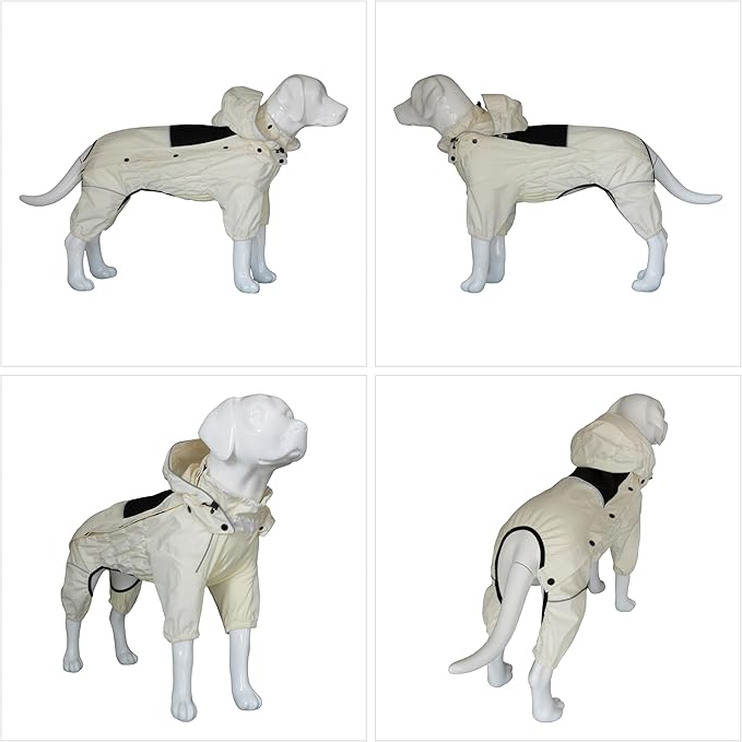 LOVELONGLONG Waterproof Dog Raincoat with Removable Hood – Outdoor Full Body Dog Jacket, Windproof Snowproof Shell Suit – All Season Pet Rain Gear Ivory XS