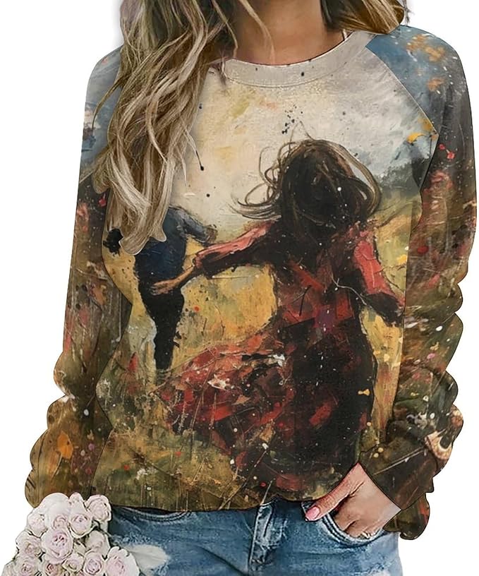 Long Sleeve Shirts for Women Cat Oil Painting Shirt 3D Graphic Sweatshirts Fall Pullover Crewneck Vintage Boho Tops