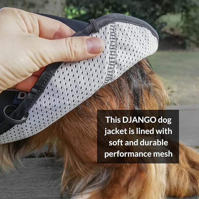 DJANGO Dog Jacket & Raincoat – Lightweight Water-Resistant Coat for Small, Medium & Long Dogs Like Dachshunds – Reflective, Adjustable Fit, Harness-Compatible & Easy-Access Harness Hole - Black, Small