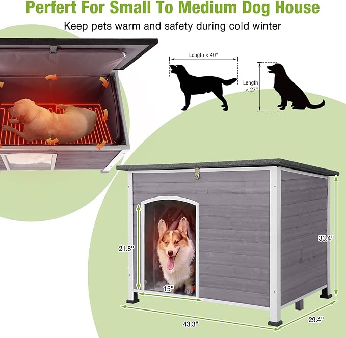 GUTINNEEN Heated Dog House Outdoor 43.3" L Insulated Dog Kennel with Metal Frame Large Dog Crate for Medium to Large Dogs Outside with Heater and Insulated Liner for Winter, Grey