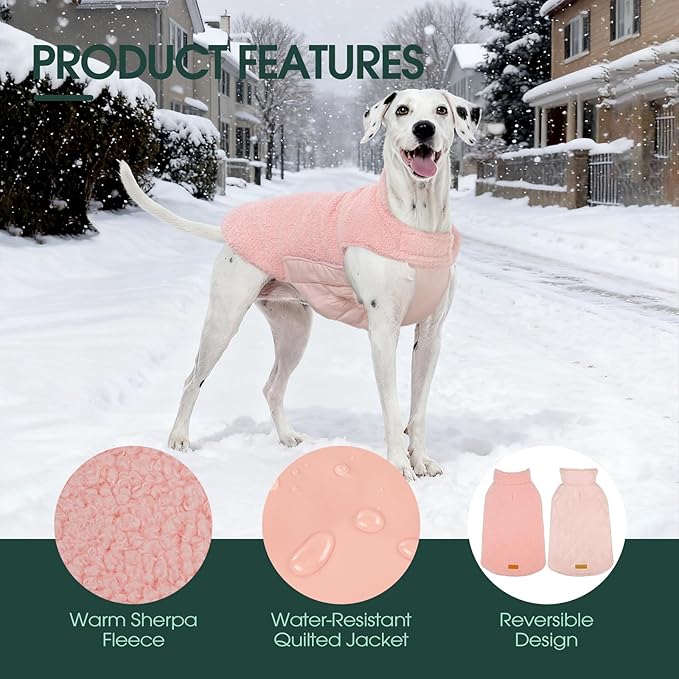 Kuoser Reversible Dog Coat – Warm Fleece & Quilted Waterproof Dog Jacket, Double-Sided Cold Weather Dogs Winter Coat with Harness Hole, Windproof Pet Snow Vest for Small Medium Large Dogs, Pink S