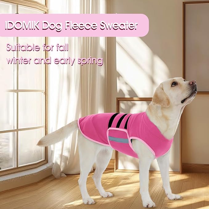 IDOMIK Warm Fleece Dog Sweater for Large Dogs,Soft Winter Dog Fleece Jacket Coat for Fall Cold Weather,Adjustable Fleeced Vest with Reflective Strips,Pullover Pet Sweatshirt for Girl Boy Dogs,Rose,XL