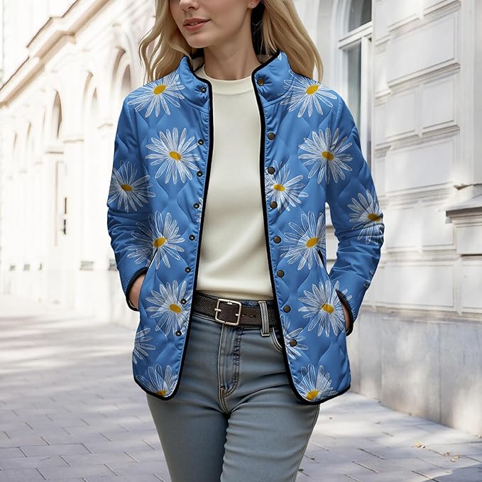 LIZALIG Women's Cropped Puffer Jacket Lightweight Floral Print Long Sleeve Padded Quilted Puffy Cardigan Coat